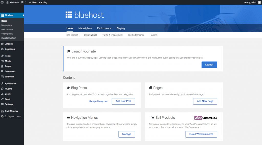 bluehost wordpress dashboard